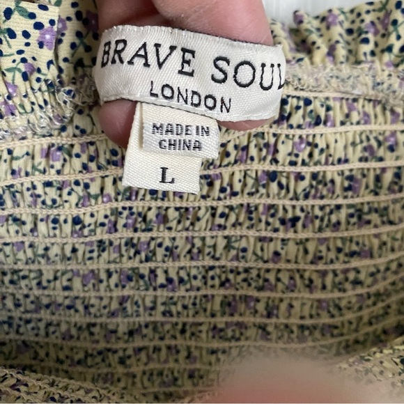 Women’s Brave Soul London Floral Print Shirred Beige Mini Dress Size Large - Picture 7 of 9